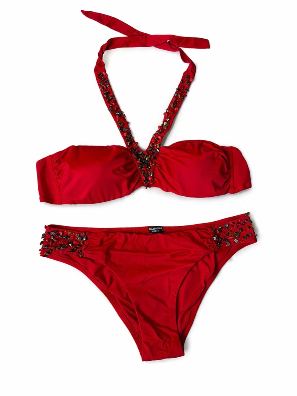 Rare Calzedonia Cobey Red Beaded Stone Halter Bikini Set Size S
